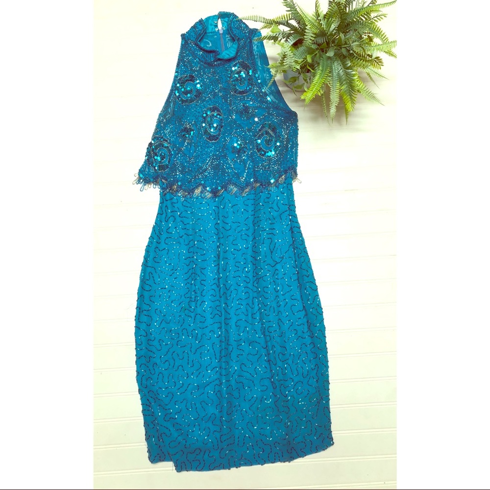 CACHE Stunning Silk Sequined Dripped Formal Dress